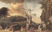 WEENIX, Jan Game Still Life Before a Landscape with Bensberg Palace (mk14) oil on canvas